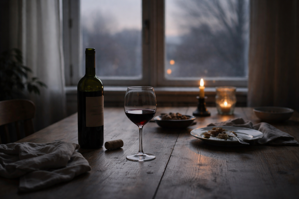 Mesa simples no final do ano com garrafa de vinho aberta e copo servido, evocando o vinho como símbolo de tempo longo, ciclos e intenção na passagem para o Ano Novo.