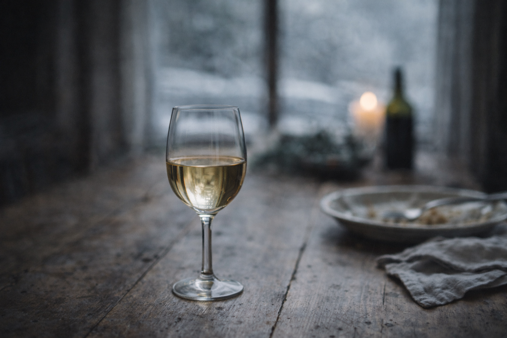 Copo de vinho de perfil fresco e preciso numa mesa simples de inverno, evocando clareza, tempo e conversa sem pressa.