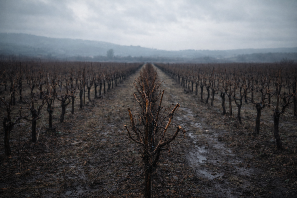 Vinha no inverno com videiras despidas e ramos podados, num ambiente silencioso que reflete o período de repouso e decisão da planta.