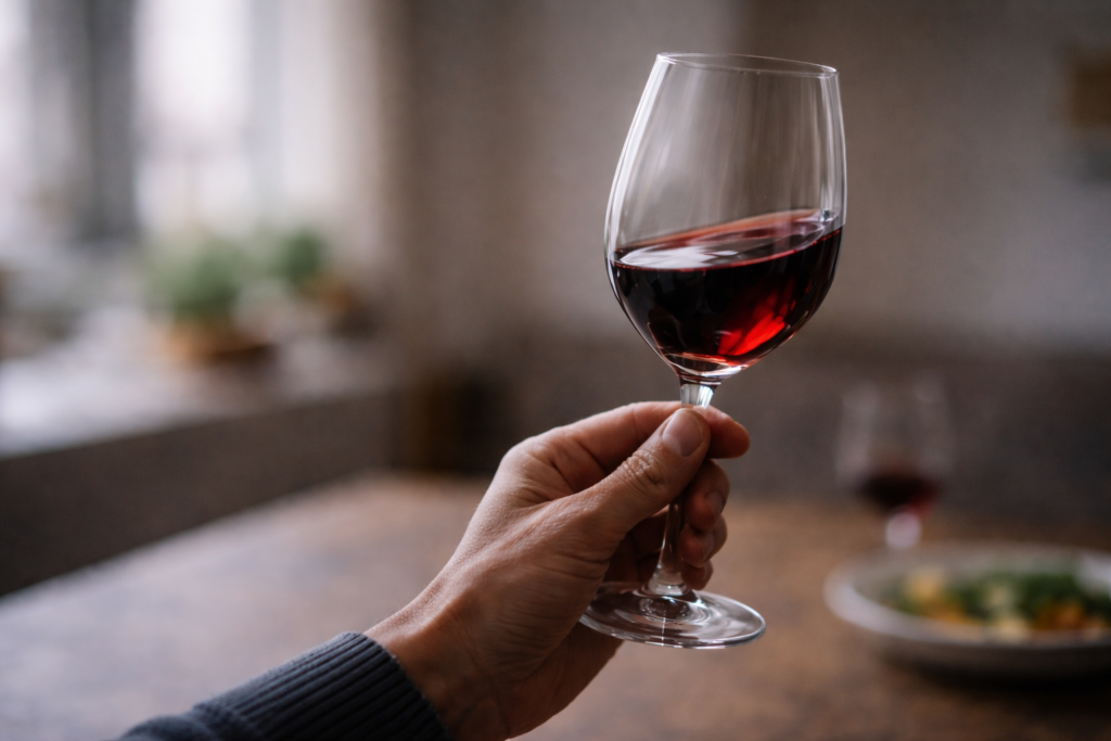 Mão a segurar um copo de vinho à altura dos olhos, num gesto calmo de observação, sugerindo avaliação consciente para lá de pontuações e rankings.