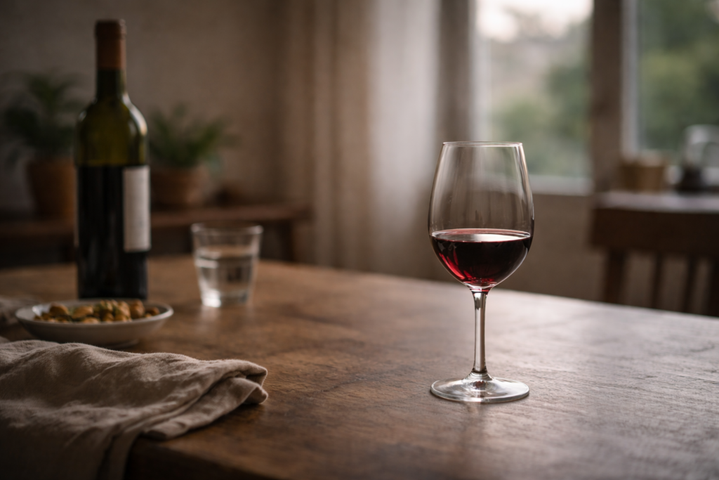 Copo de vinho parcialmente cheio numa mesa simples, com garrafa e água ao fundo, sugerindo moderação consciente e prazer equilibrado.