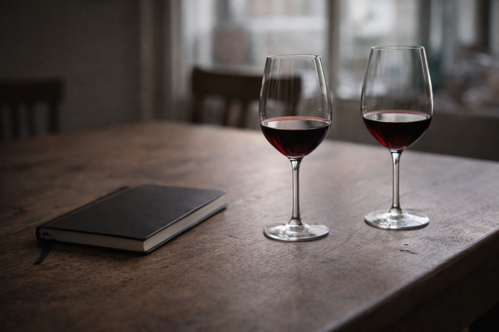 Dois copos de vinho parcialmente cheios sobre uma mesa simples, ao lado de um caderno fechado, evocando reflexão e avaliação consciente para lá das pontuações.
