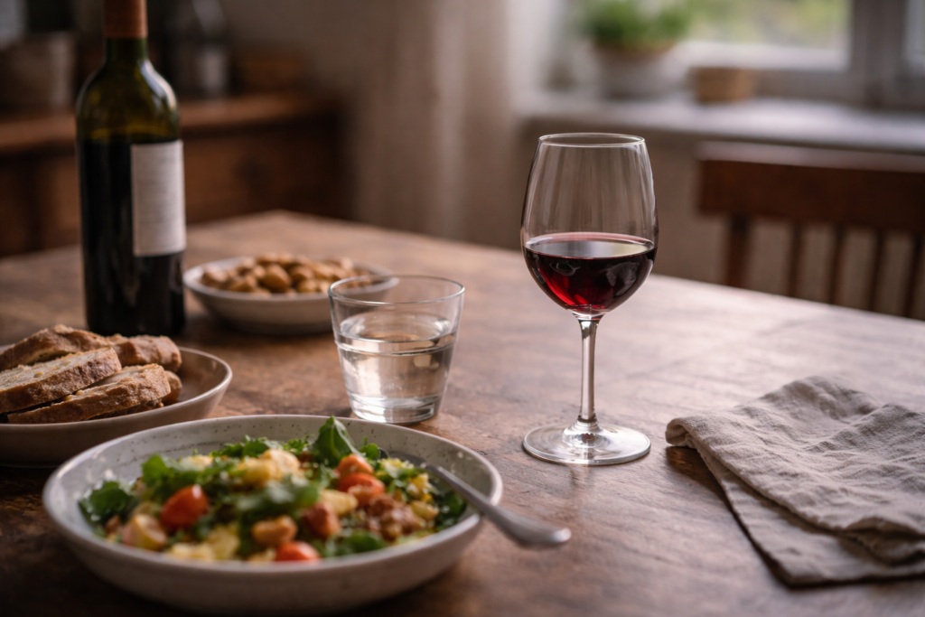 Copo de vinho acompanhado por água e refeição leve numa mesa simples, sugerindo beber menos beber melhor, equilíbrio entre prazer e bem-estar.