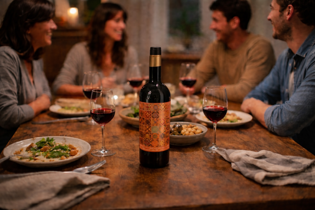 Grupo de amigos à mesa durante um jantar descontraído com garrafa de vinho de de 1808 Field Blend Alentejano Tinto ao centro e copos de vinho na mesa sem explicar demais o vinho
