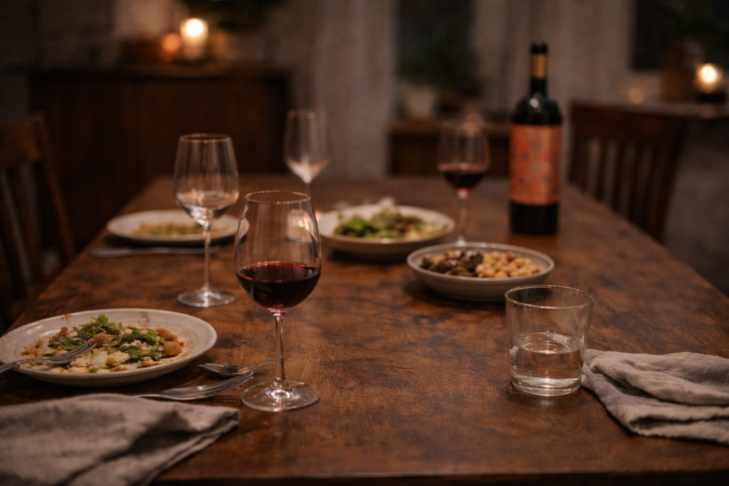 Mesa de jantar após um encontro entre amigos com copos de vinho vazios e uma garrafa desfocada ao fundo da mesa iluminada por luz quente.