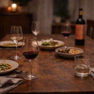 Mesa de jantar após um encontro entre amigos com copos de vinho vazios e uma garrafa desfocada ao fundo da mesa iluminada por luz quente.
