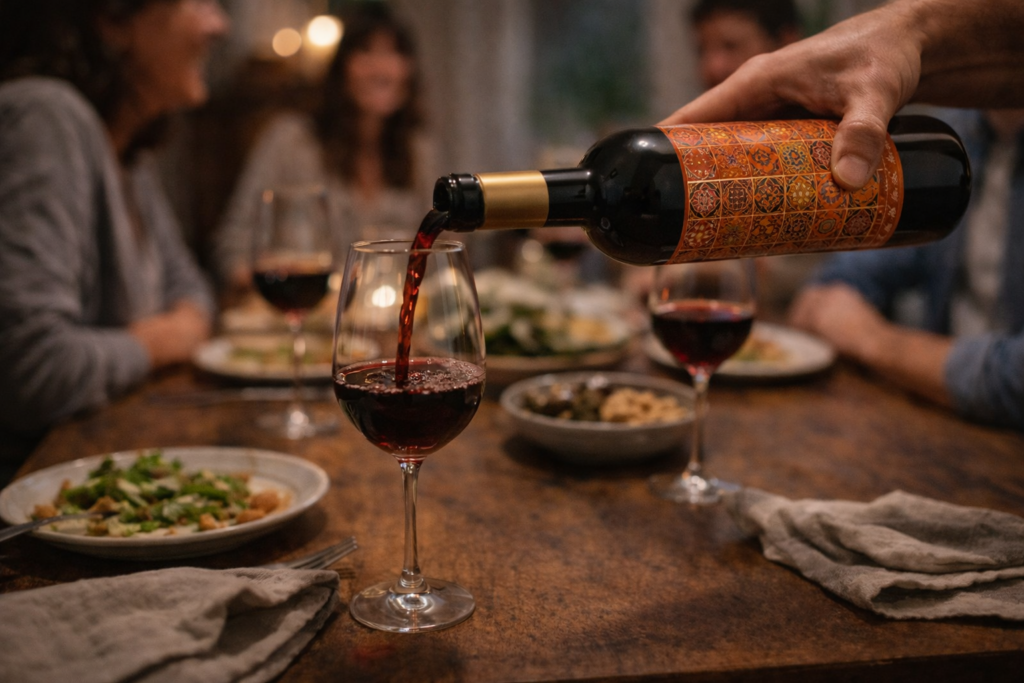 Mão a servir vinho tinto de uma garrafa de n1808 field blend alentejano tinto para um copo durante um jantar informal entre amigos sem explicar demais o vinho