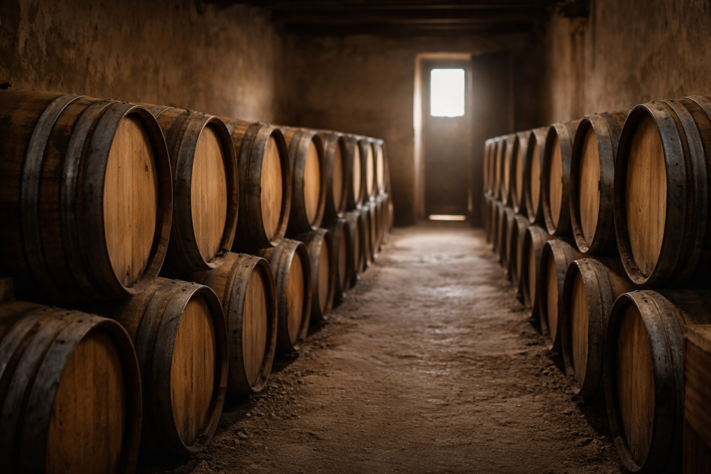 Silêncio na Adega tradicional com barricas de madeira alinhadas e luz natural suave ao fundo, evocando silêncio, tempo e envelhecimento do vinho.