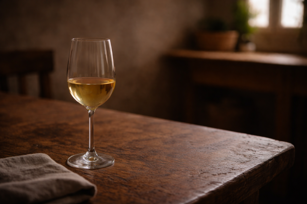 Copo de vinho branco pousado numa mesa de madeira com luz natural suave, evocando calma, equilíbrio e passagem do tempo.