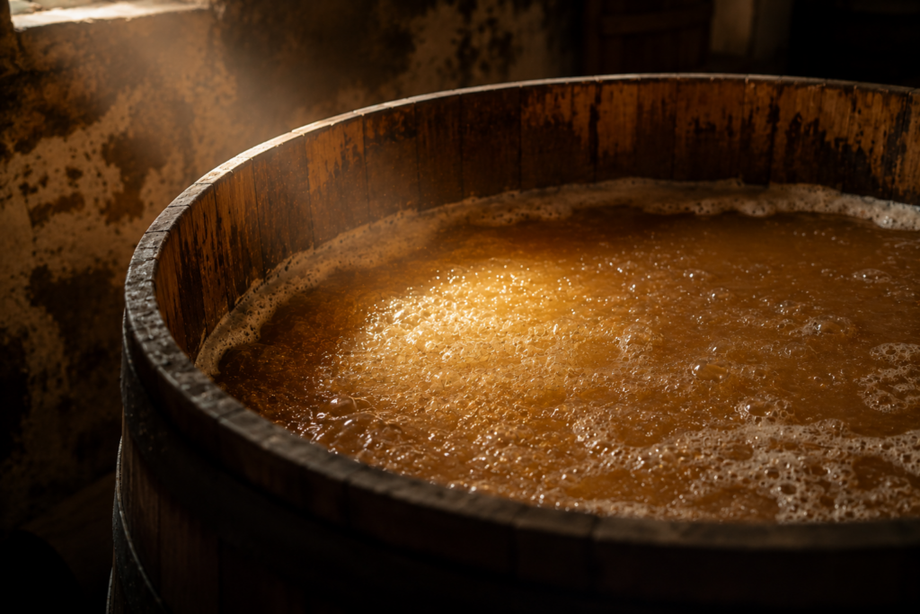 Vinho em fermentação numa cuba aberta de madeira, com bolhas e espuma natural à superfície, ilustrando o artigo “O Mito do Vinho Natural Perfeito”.