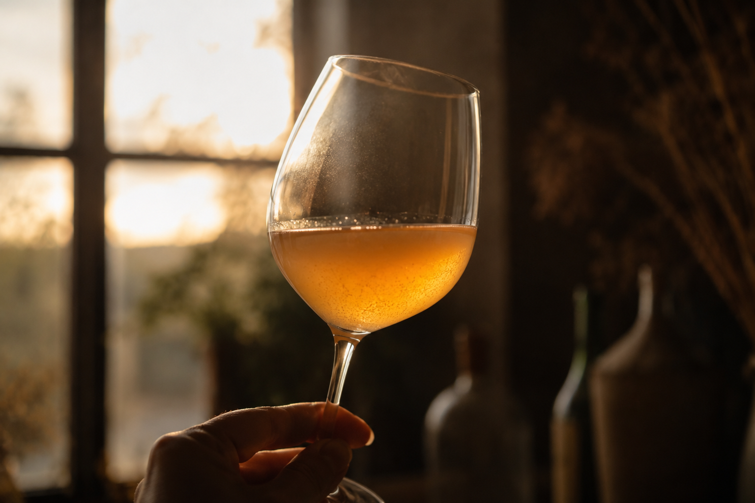 Copo de vinho natural de cor âmbar, ligeiramente turvo, iluminado por luz suave junto a uma janela, ilustrando o artigo “O Mito do Vinho Natural Perfeito”.