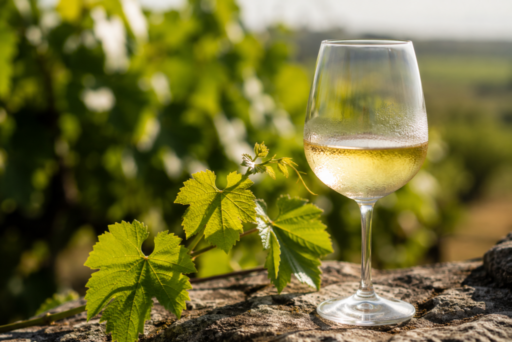 Copo de vinho branco fresco com gotas de condensação junto a folhas de videira, iluminado por luz natural, ilustrando o artigo “Como a Primavera Define o Estilo do Vinho”.