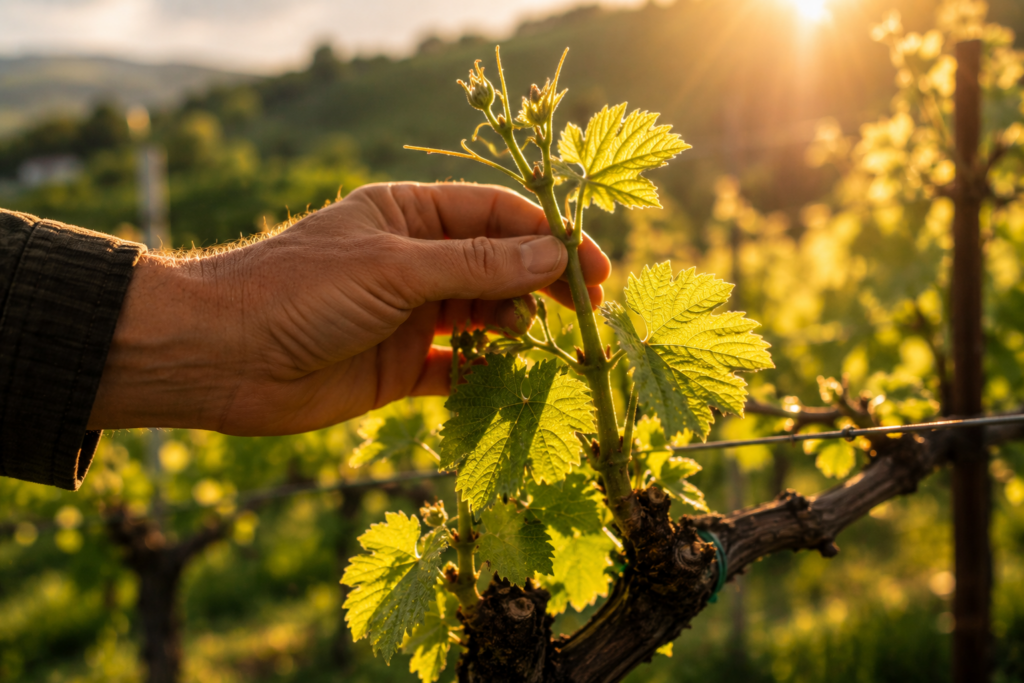 Mão de viticultor a tocar delicadamente nos rebentos jovens de uma videira durante a primavera, ilustrando o artigo “Como a Primavera Define o Estilo do Vinho”.