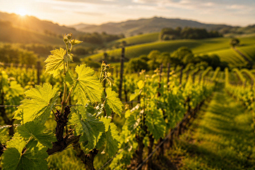 Vinha em plena primavera com folhas jovens iluminadas pela luz da manhã, ilustrando o artigo “Como a Primavera Define o Estilo do Vinho”.