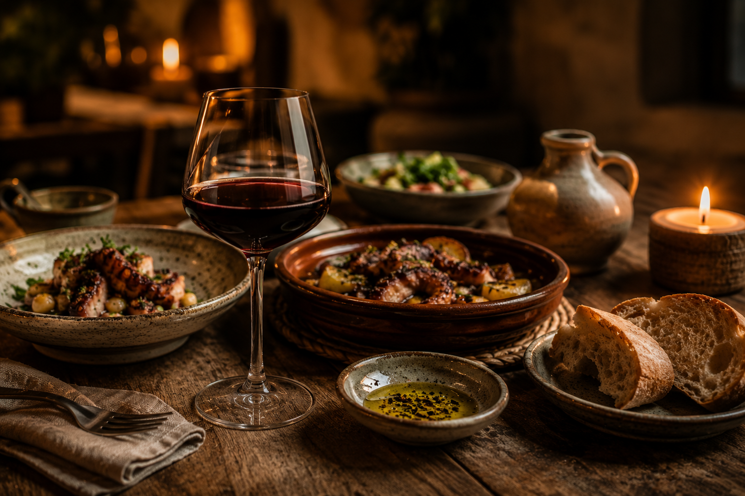Mesa portuguesa com copo de vinho, pratos de cerâmica, pão e azeite em ambiente de luz quente, ilustrando o artigo “Vinho e Gastronomia: Uma Relação Que Portugal Ainda Não Resolveu”.