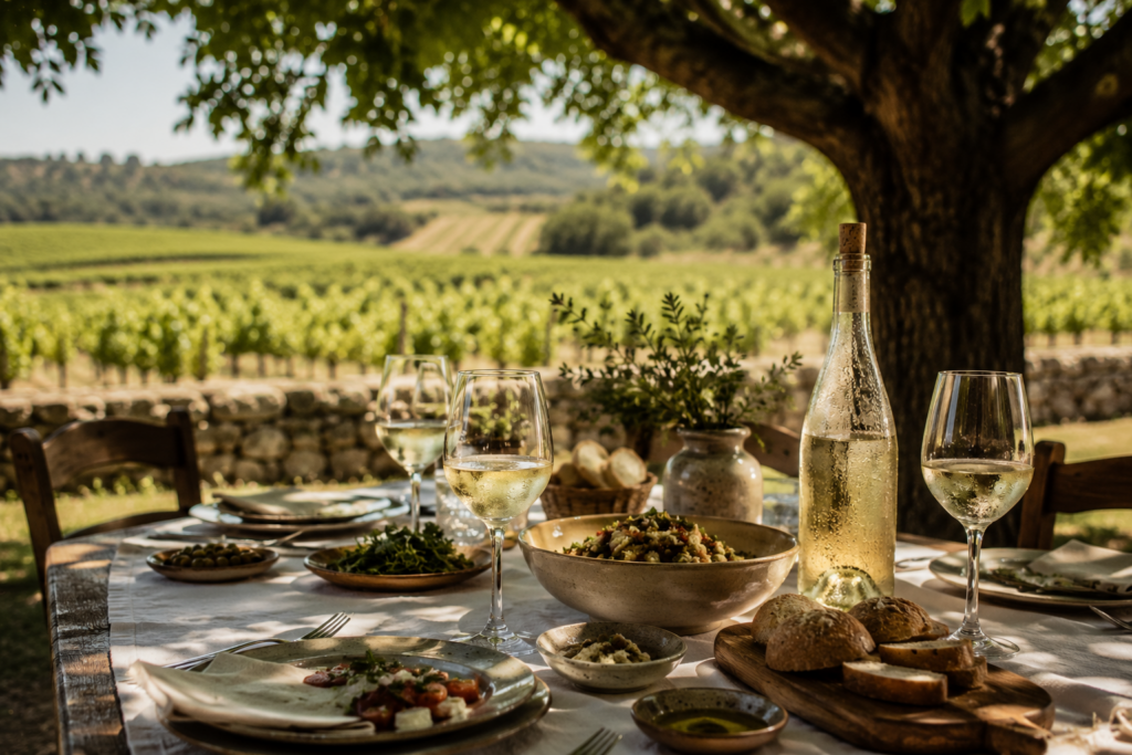 Mesa de verão ao ar livre com vinho branco fresco e refeição simples, ilustrando o artigo "Vinhos de Verão Não São Vinhos Menores".