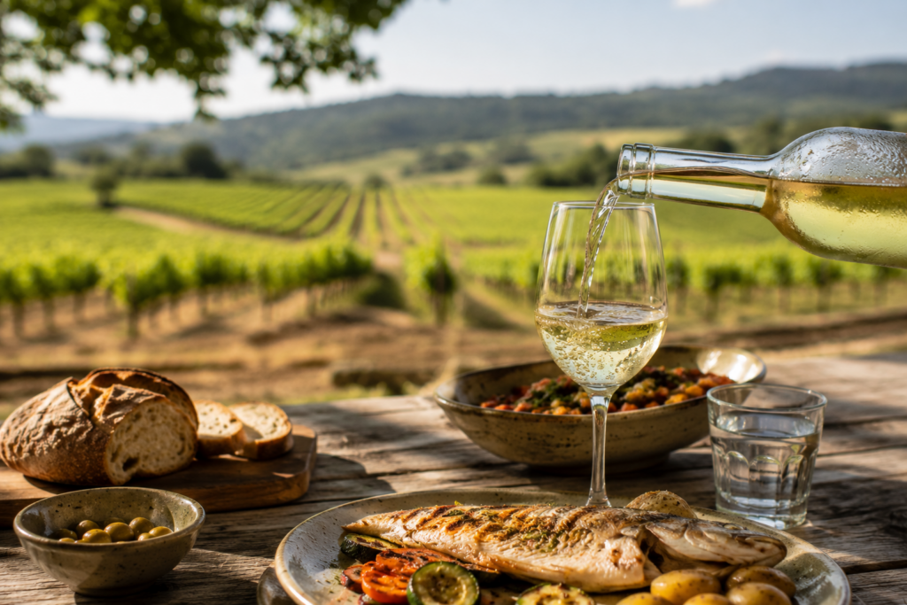 Copo de vinho branco acompanhado por peixe grelhado numa refeição de verão, ilustrando o artigo "Vinhos de Verão Não São Vinhos Menores".